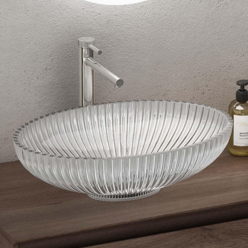 foto del prodotto doporro lavabo da appoggio in vetro temperato lavandino bagno ovale lavello per cucina wc ospiti design moderno artistico 50,5x35x14,5 cm