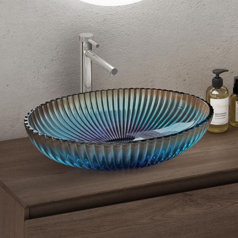 foto del prodotto doporro lavabo da appoggio in vetro temperato lavandino bagno ovale lavello per cucina wc ospiti design moderno artistico 50,5x35x14,5 cm blu