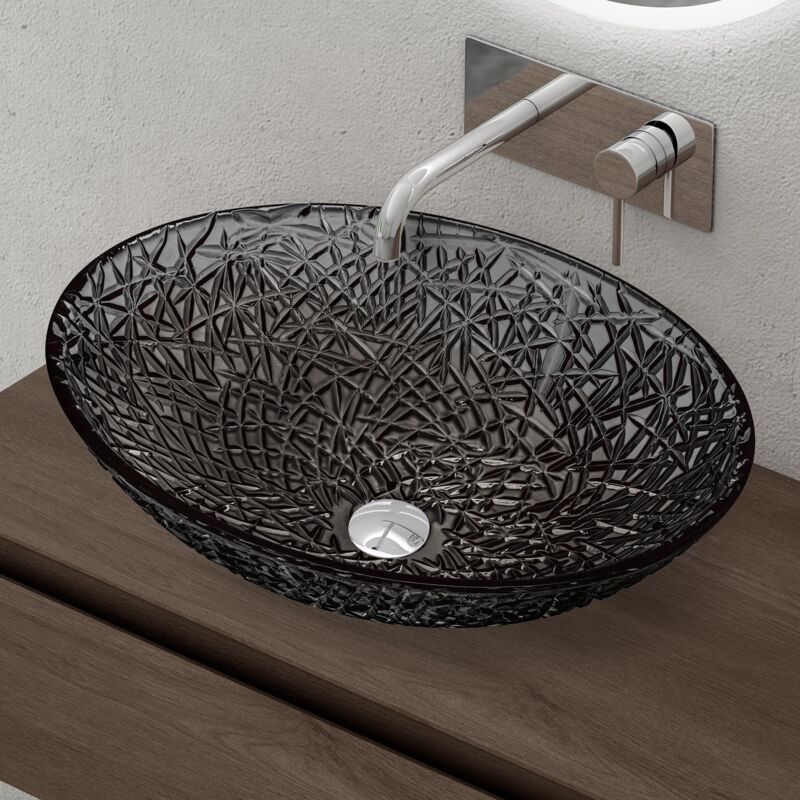foto del prodotto doporro lavabo da appoggio in vetro temperato lavandino bagno ovale lavello per cucina wc ospiti design moderno artistico 50,5x36x15,5 cm grigio