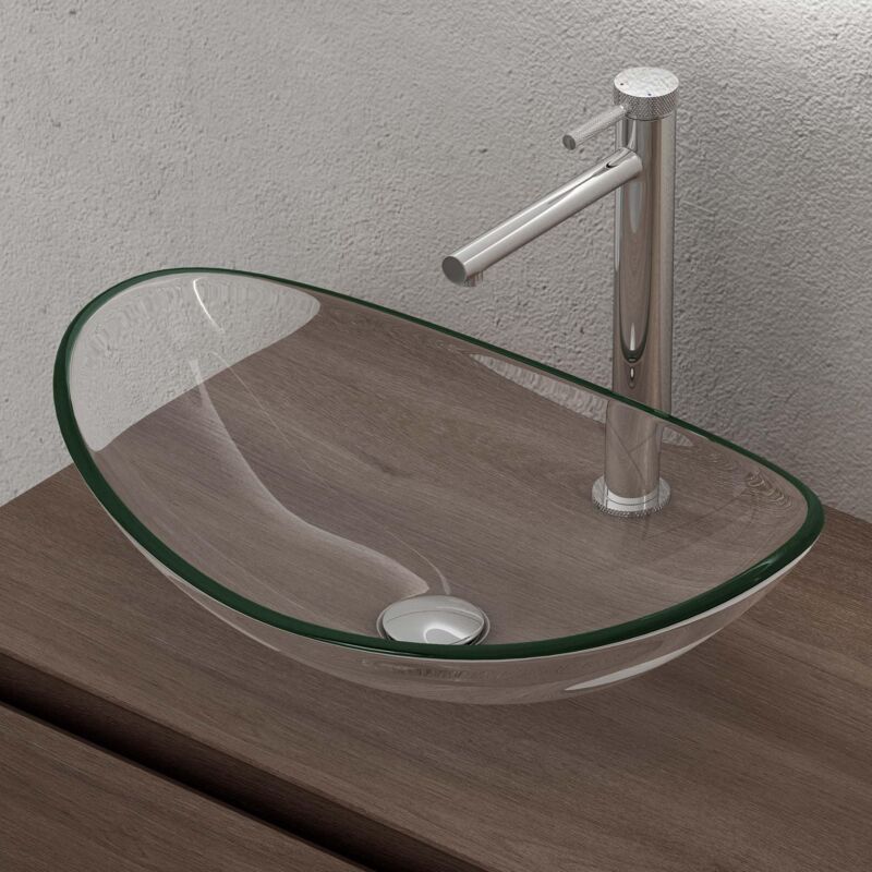 foto del prodotto doporro lavabo da appoggio in vetro temperato lavandino bagno ovale lavello per cucina wc ospiti design moderno artistico 53,5x35,5x16 cm