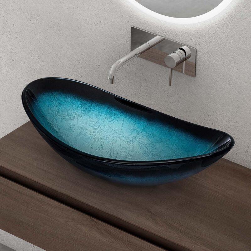 foto del prodotto doporro lavabo da appoggio in vetro temperato lavandino bagno ovale lavello per cucina wc ospiti design moderno artistico 53,5x35,5x16 cm blu