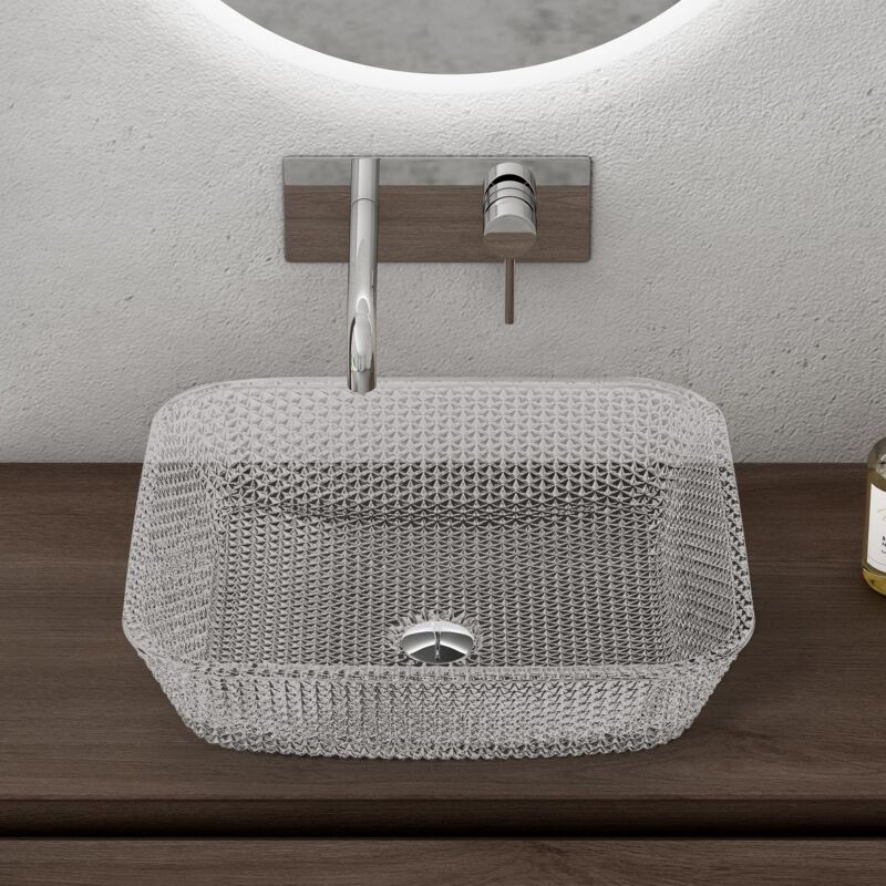 foto del prodotto doporro lavabo da appoggio in vetro temperato lavandino bagno quadrato 40 x 40 x 11 cm trasparente lavello design artistico con texture per cucina
