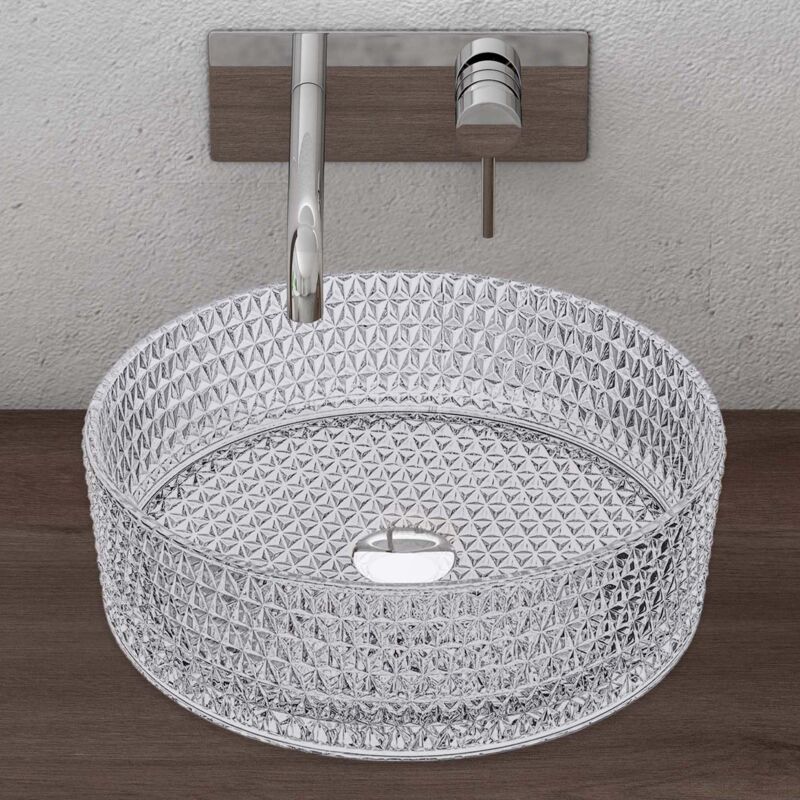 foto del prodotto doporro lavabo da appoggio in vetro temperato lavandino bagno rotondo 39 x 39 x 12 cm trasparente lavello design artistico con texture per cucina
