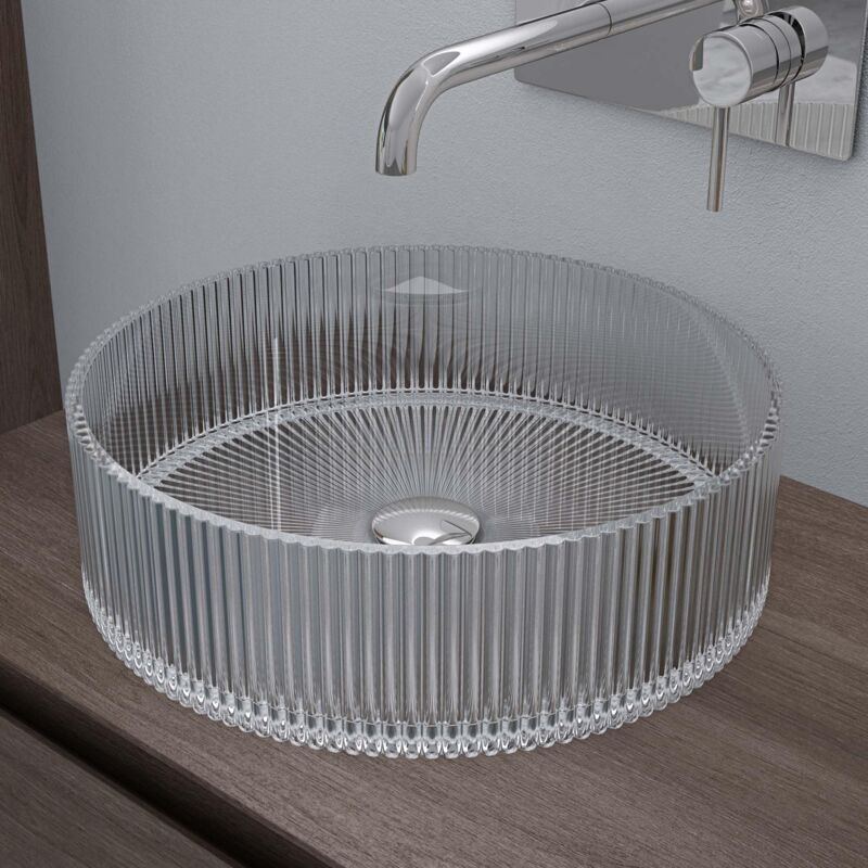 foto del prodotto doporro lavabo da appoggio in vetro temperato lavandino bagno rotondo 40 x 40 x 12 cm trasparente lavello design artistico con texture per cucina