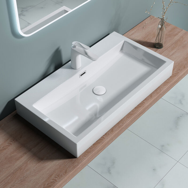 foto del prodotto doporro lavabo da appoggio, lavabo bagno sospeso 76.5x42x10cm, lavandino bagno rettangolare da minerale fuso colossum06 765 bianco