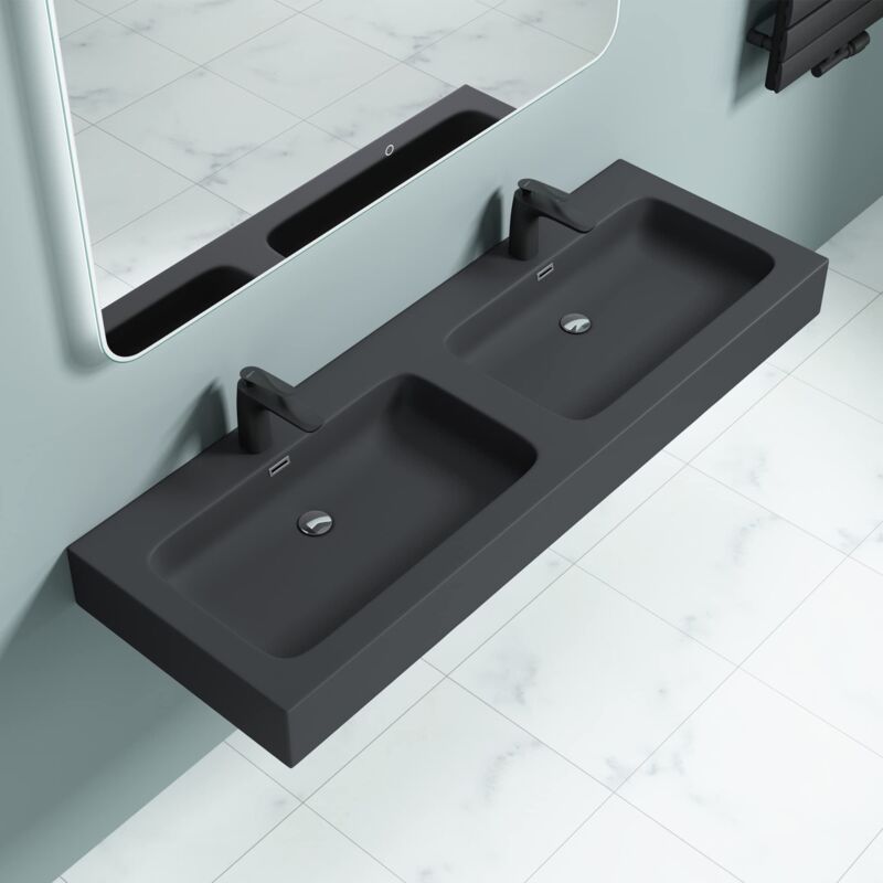 foto del prodotto doporro lavabo da appoggio, lavandino bagno 140x48x13cm, lavabo da minerale fuso colossum830, due fori per la rubinetteria, antracite opaco