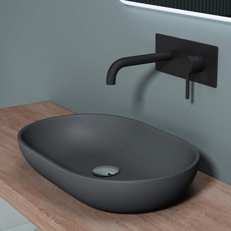 foto del prodotto doporro lavabo da appoggio, lavandino bagno 54x34x10.5cm, lavabo ovale da minerale fuso colossum808, antracite opaco