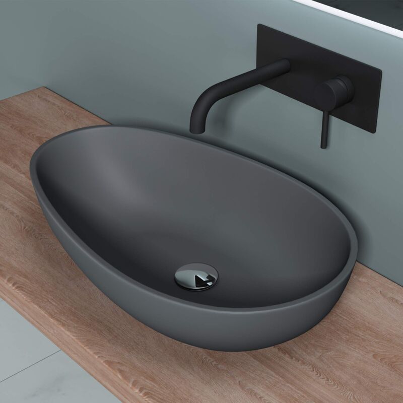 foto del prodotto doporro lavabo da appoggio, lavandino bagno 59.8x36x14cm, lavabo ovale da minerale fuso colossum809, antracite opaco