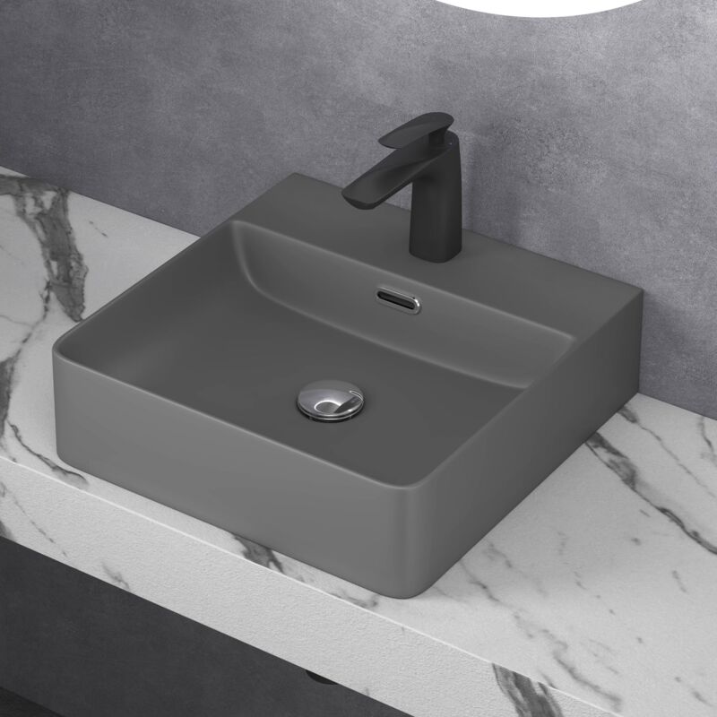 foto del prodotto doporro lavabo da appoggio o sospeso lavandino bagno rettangolare con foro per rubinetto e troppopieno 42 cm in ceramica antracite opaco