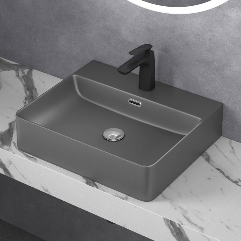 foto del prodotto doporro lavabo da appoggio o sospeso lavandino bagno rettangolare con foro per rubinetto e troppopieno 50 cm in ceramica antracite opaco