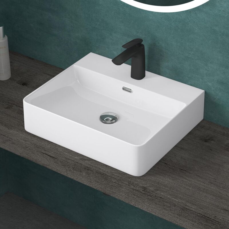 foto del prodotto doporro lavabo da appoggio o sospeso lavandino bagno rettangolare con foro per rubinetto e troppopieno 50 cm in ceramica bianco lucido meissen201