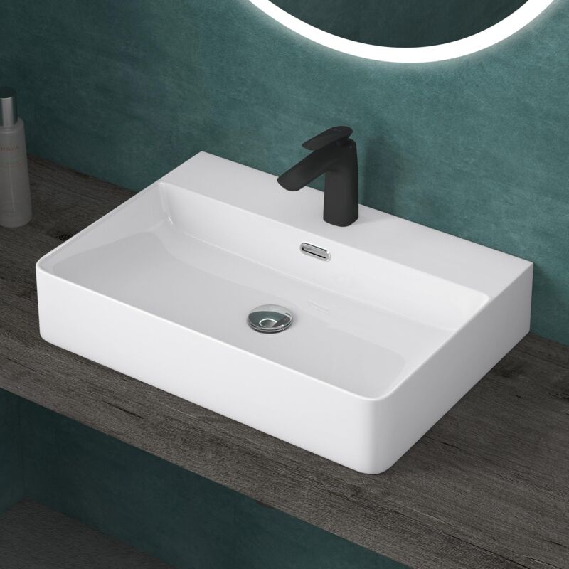 foto del prodotto doporro lavabo da appoggio o sospeso lavandino bagno rettangolare con foro per rubinetto e troppopieno 60 cm in ceramica bianco lucido meissen201