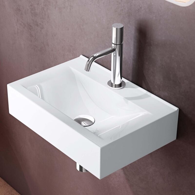 foto del prodotto doporro lavabo da appoggio o sospeso rettangolare 45 cm in ceramica bianco lucido con foro rubinetto, lavandino bagno a parete per wc o guardaroba