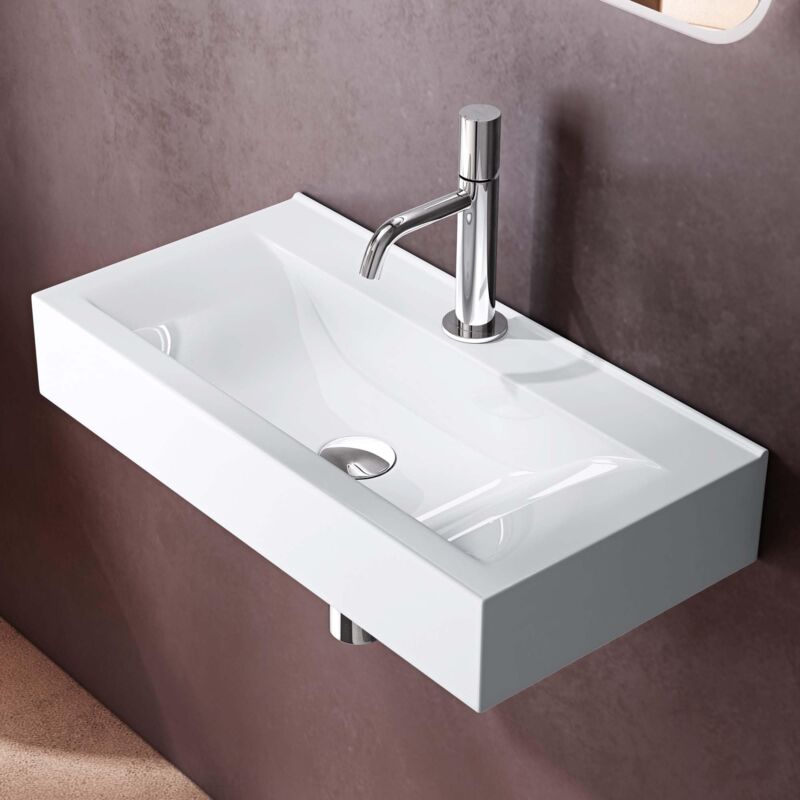 foto del prodotto doporro lavabo da appoggio o sospeso rettangolare 60 cm in ceramica bianco lucido con foro rubinetto, lavandino bagno a parete per wc o guardaroba