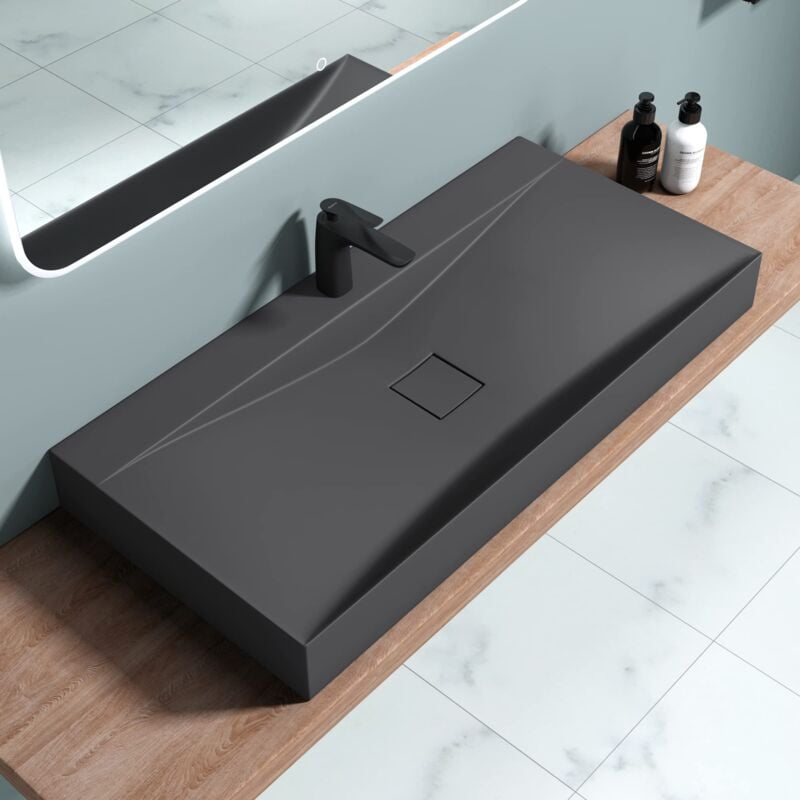 foto del prodotto doporro lavabo da appoggio o sospeso rettangolare lavandino bagno con foro per rubinetto e montaggio a parete, 100x48x12 cm in marmoresina
