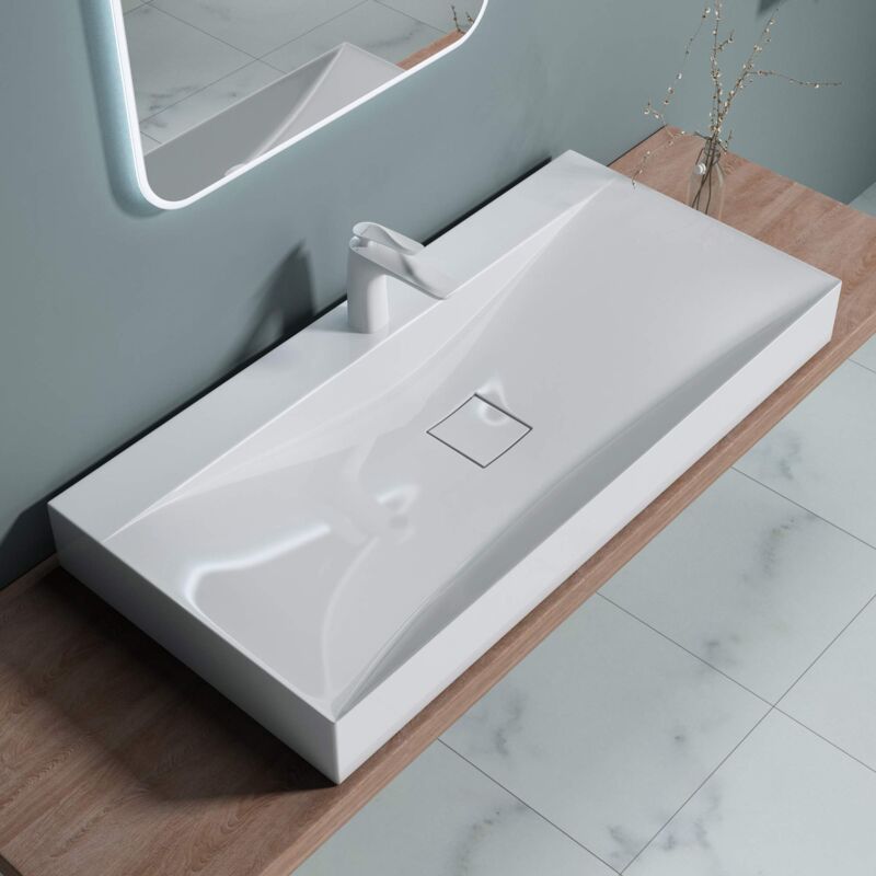 foto del prodotto doporro lavabo da appoggio o sospeso rettangolare lavandino bagno con foro per rubinetto e montaggio a parete, 100x48x12 cm in marmoresina bianco