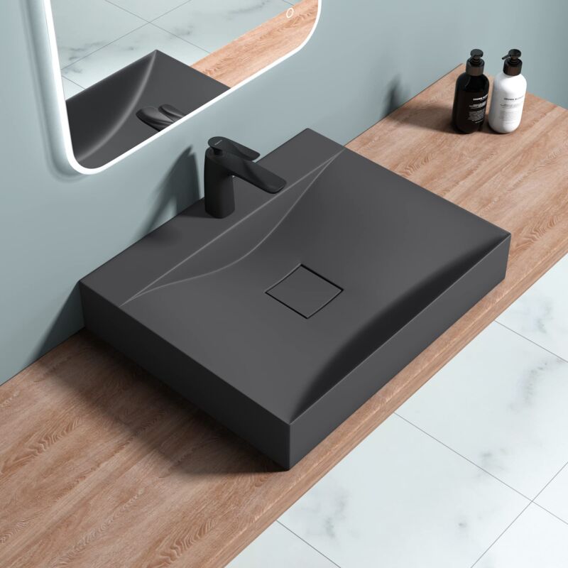 foto del prodotto doporro lavabo da appoggio o sospeso rettangolare lavandino bagno con foro per rubinetto e montaggio a parete, 60x48x12 cm in marmoresina antracite