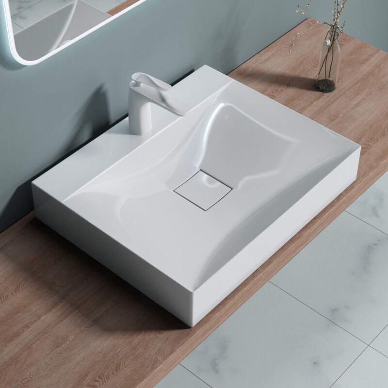 foto del prodotto doporro lavabo da appoggio o sospeso rettangolare lavandino bagno con foro per rubinetto e montaggio a parete, 60x48x12 cm in marmoresina bianco