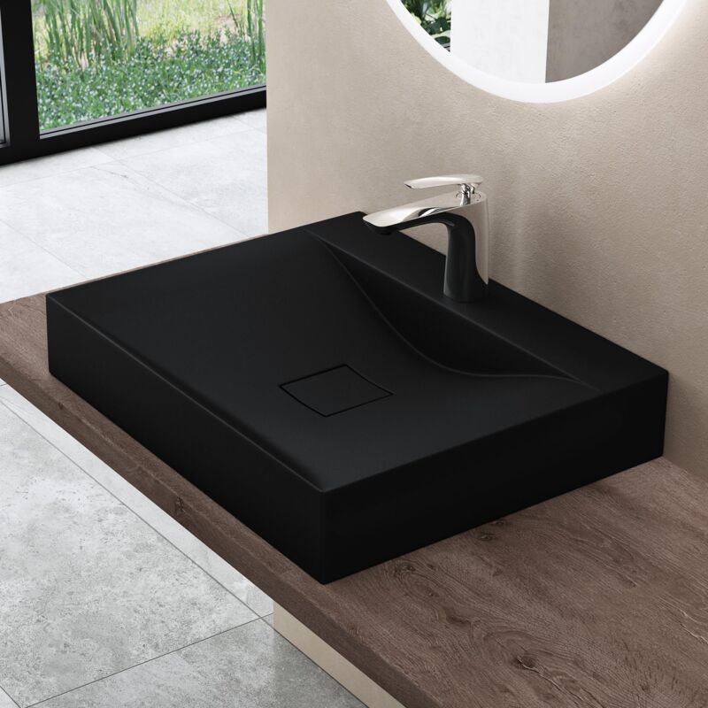 foto del prodotto doporro lavabo da appoggio o sospeso rettangolare lavandino bagno con foro per rubinetto e montaggio a parete, 60x48x12 cm in marmoresina nero