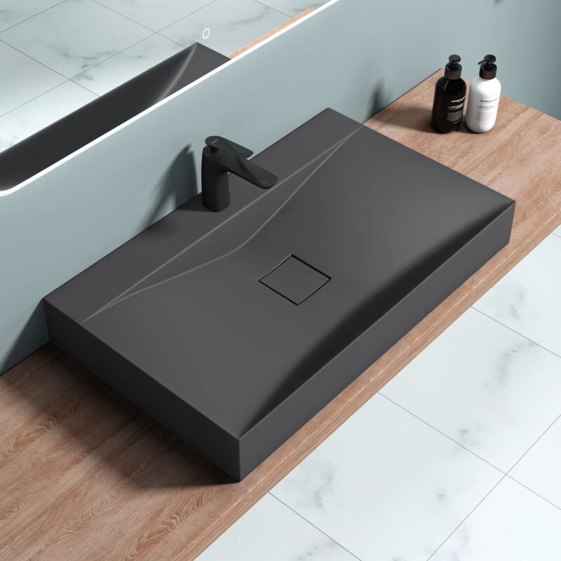 foto del prodotto doporro lavabo da appoggio o sospeso rettangolare lavandino bagno con foro per rubinetto e montaggio a parete, 80x48x12 cm in marmoresina antracite