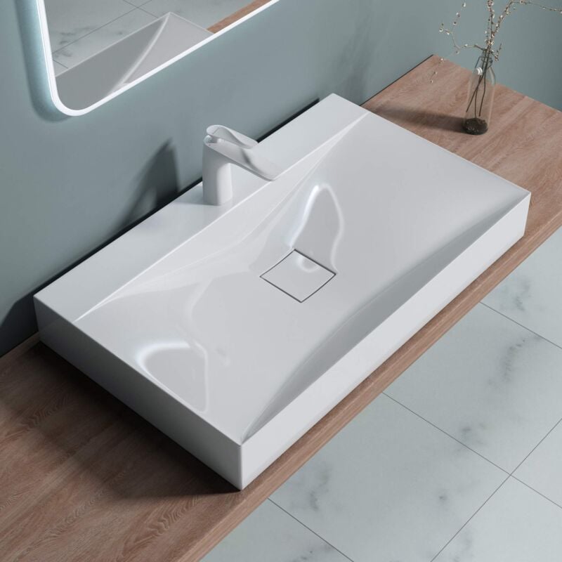 foto del prodotto doporro lavabo da appoggio o sospeso rettangolare lavandino bagno con foro per rubinetto e montaggio a parete, 80x48x12 cm in marmoresina bianco