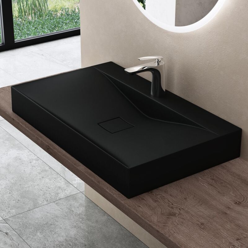foto del prodotto doporro lavabo da appoggio o sospeso rettangolare lavandino bagno con foro per rubinetto e montaggio a parete, 80x48x12 cm in marmoresina nero
