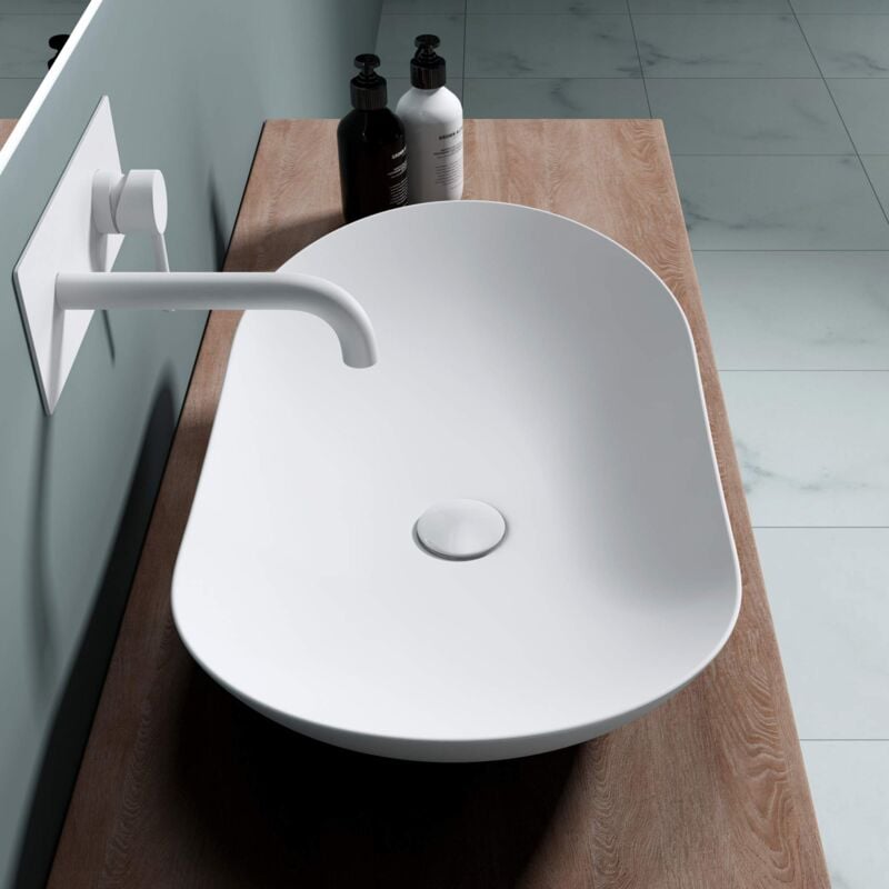 foto del prodotto doporro lavabo da appoggio ovale in ceramica bianco opaco 63 cm, lavandino bagno moderno effetto loto, senza foro rubinetto br ssel858