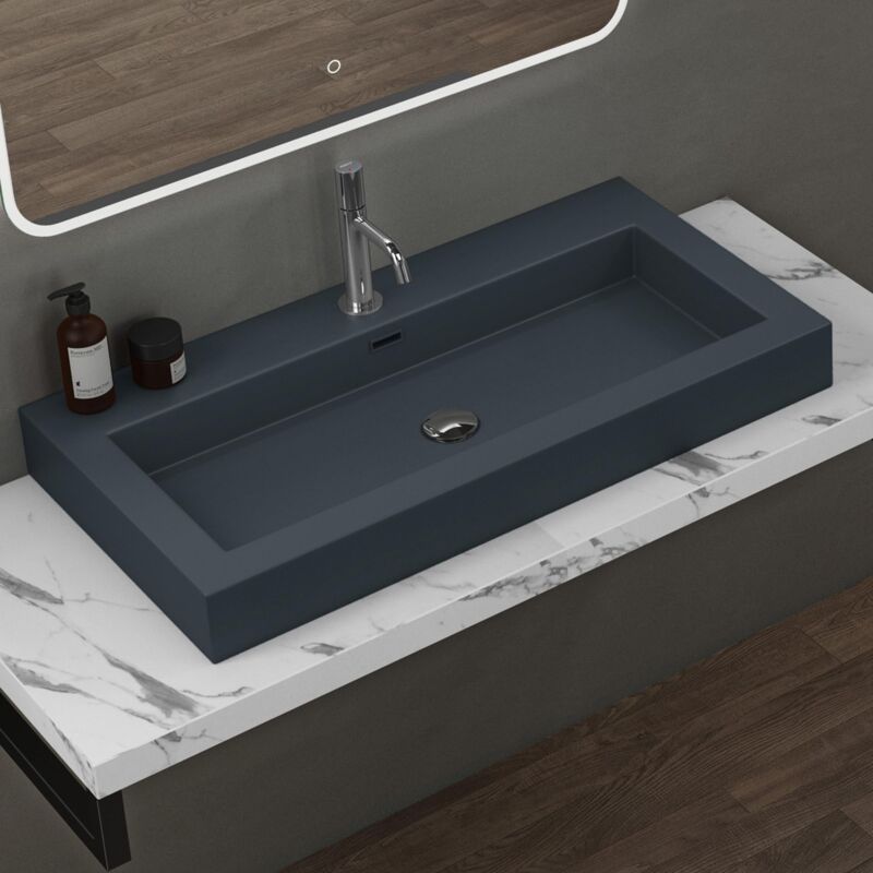 foto del prodotto doporro lavabo da appoggio rettangolare, lavabo bagno sospeso con foro rubinetto e troppopieno in marmo resina antracite opaco, lavandino bagno