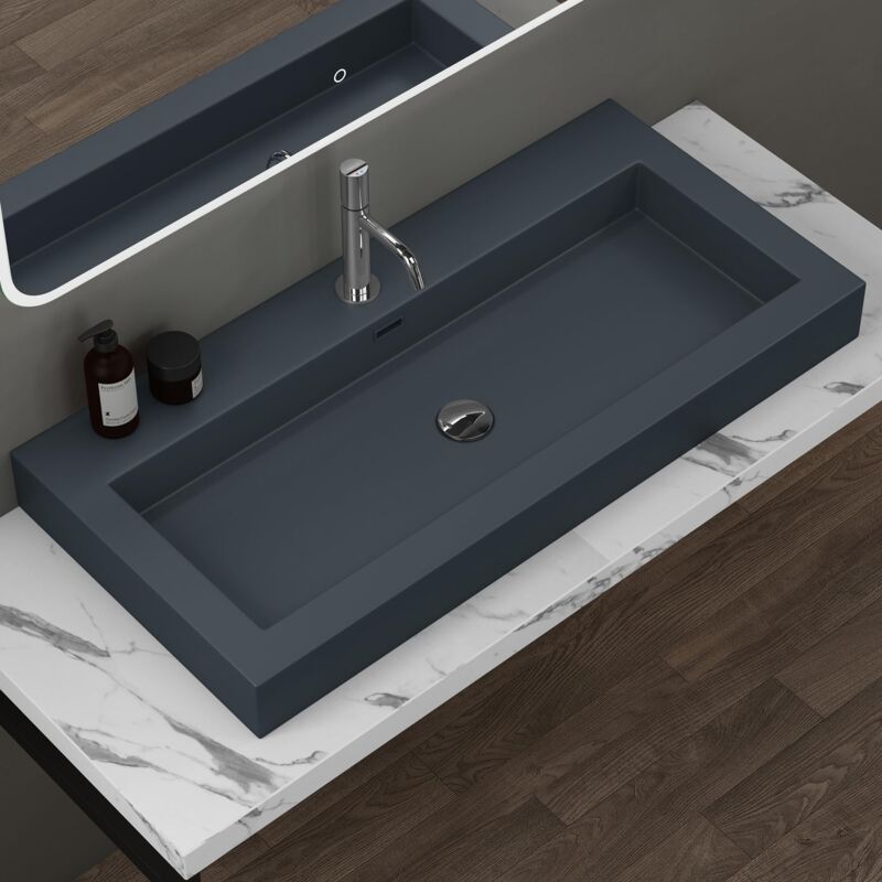foto del prodotto doporro lavabo da appoggio rettangolare, lavabo bagno sospeso con foro rubinetto e troppopieno in marmo resina antracite opaco, lavandino bagno