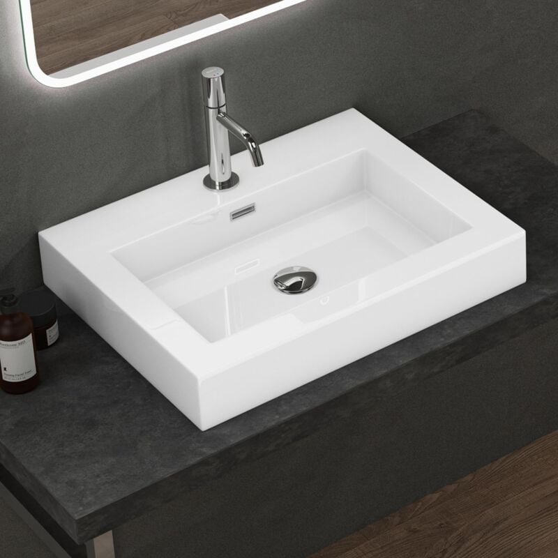 foto del prodotto doporro lavabo da appoggio rettangolare, lavabo bagno sospeso con foro rubinetto e troppopieno in marmo resina bianco lucido, lavandino bagno