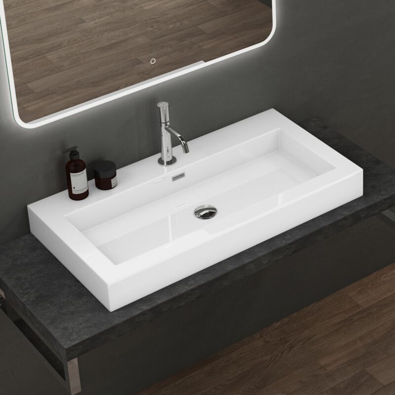 foto del prodotto doporro lavabo da appoggio rettangolare, lavabo bagno sospeso con foro rubinetto e troppopieno in marmo resina bianco lucido, lavandino bagno