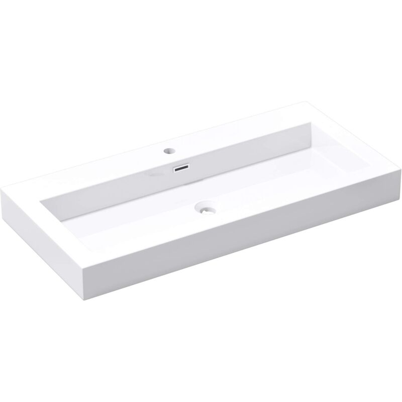 foto del prodotto doporro lavabo da appoggio rettangolare, lavabo bagno sospeso con foro rubinetto e troppopieno in marmo resina bianco lucido, lavandino bagno