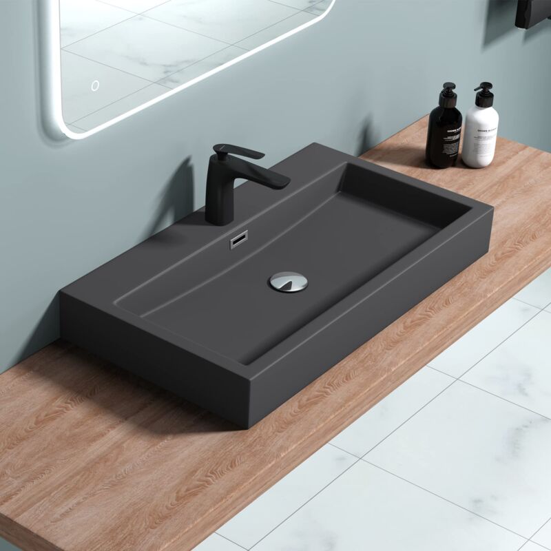 foto del prodotto doporro lavabo da appoggio rettangolare, lavabo bagno sospeso con foro rubinetto e troppopieno, lavandino in marmo resina antracite opaco