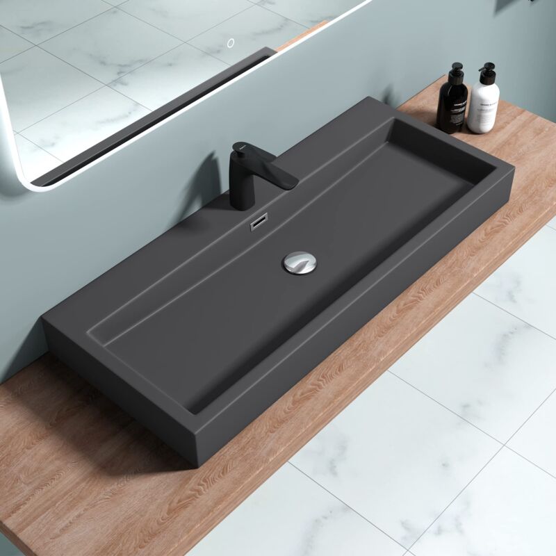foto del prodotto doporro lavabo da appoggio rettangolare, lavabo bagno sospeso con foro rubinetto e troppopieno, lavandino in marmo resina antracite opaco