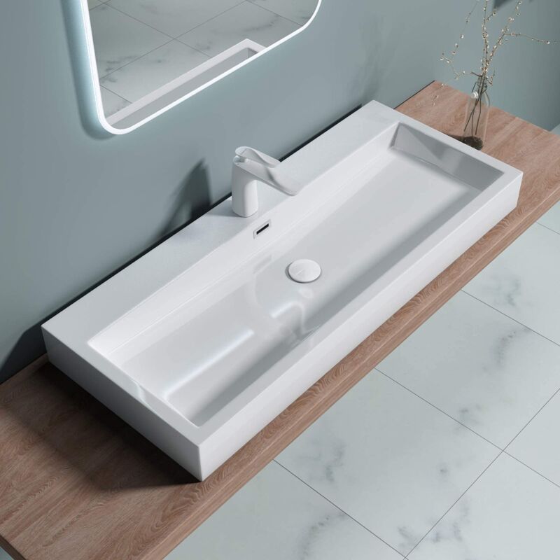 foto del prodotto doporro lavabo da appoggio rettangolare, lavabo bagno sospeso con foro rubinetto e troppopieno, lavandino in marmo resina bianco lucido
