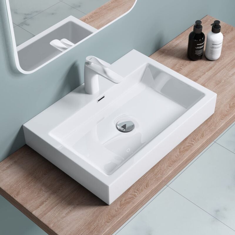 foto del prodotto doporro lavabo da appoggio rettangolare, lavabo bagno sospeso con foro rubinetto e troppopieno, lavandino in marmo resina bianco lucido 60x42x10cm,