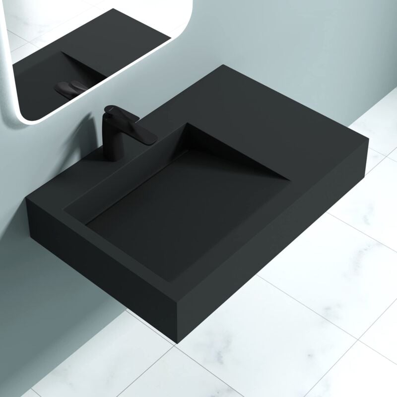 foto del prodotto doporro lavabo da appoggio rettangolare, lavabo sospeso con foro rubinetto in marmo resina antracite opaco 75x50x13cm, lavandino bagno