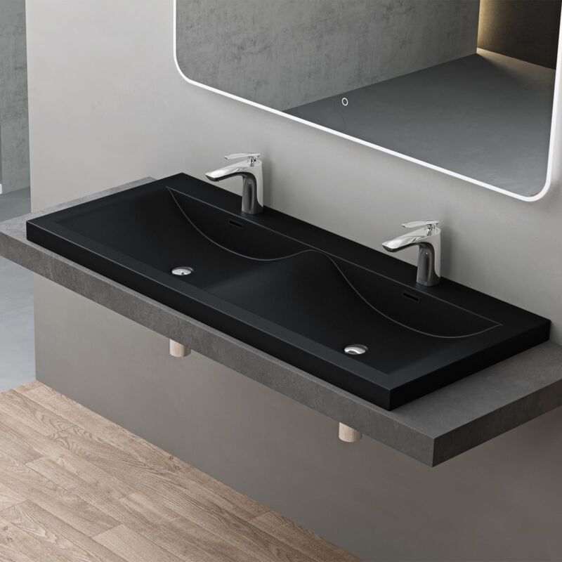 foto del prodotto doporro lavabo doppio da incasso per bagno con 2 fori rubinetto e troppopieno in marmoresina nero 120x48x12 cm colossum03