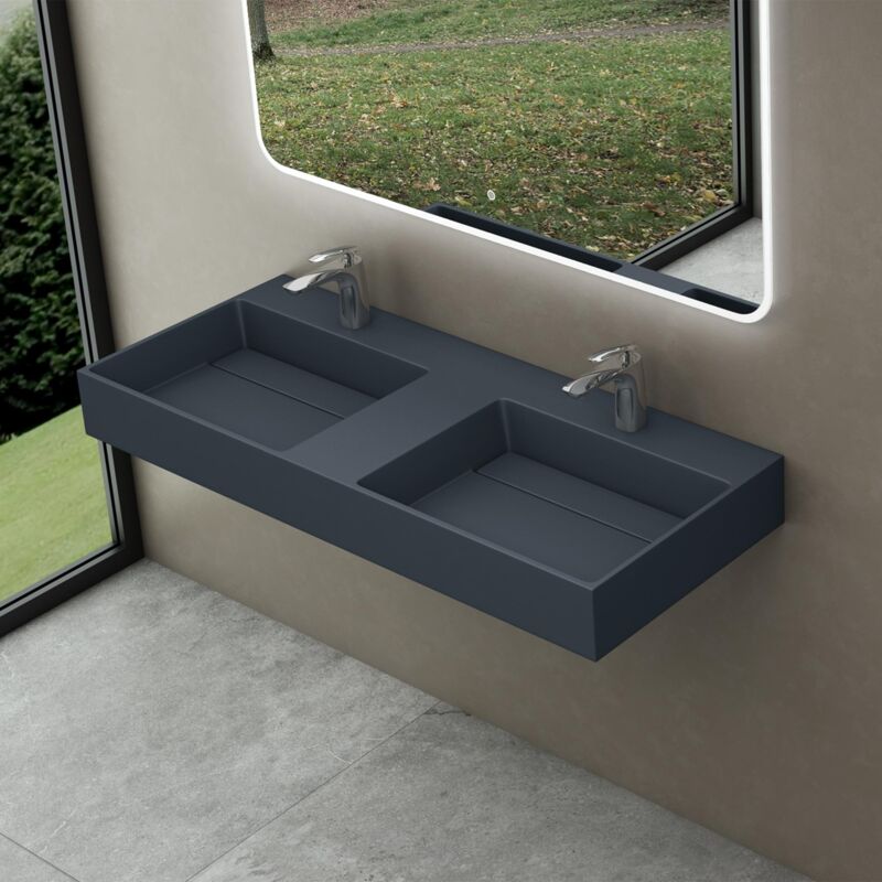 foto del prodotto doporro lavabo doppio sospeso lavabo da appoggio rettangolare in marmo resina antracite opaco, vasca doppia 120x48x13 cm con 2 fori rubinetto e