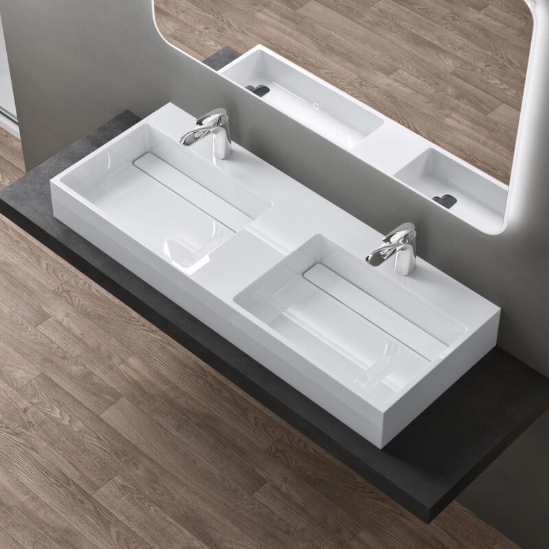 foto del prodotto doporro lavabo doppio sospeso lavabo da appoggio rettangolare in marmo resina bianco lucido, vasca doppia 120x48x13 cm con 2 fori rubinetto e