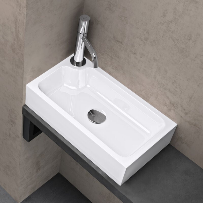 foto del prodotto doporro lavandino bagno da appoggio lavabo ad angolo rettangolare con foro rubinetto e vasca a destra, design moderno in marmo resina con nano