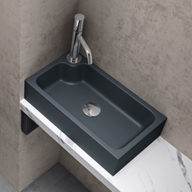 foto del prodotto doporro lavandino bagno da appoggio lavabo ad angolo rettangolare con foro rubinetto e vasca a destra, design moderno in marmo resina con nano
