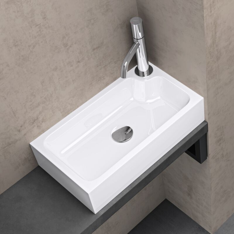 foto del prodotto doporro lavandino bagno da appoggio lavabo ad angolo rettangolare con foro rubinetto e vasca a sinistra, design moderno in marmo resina con nano