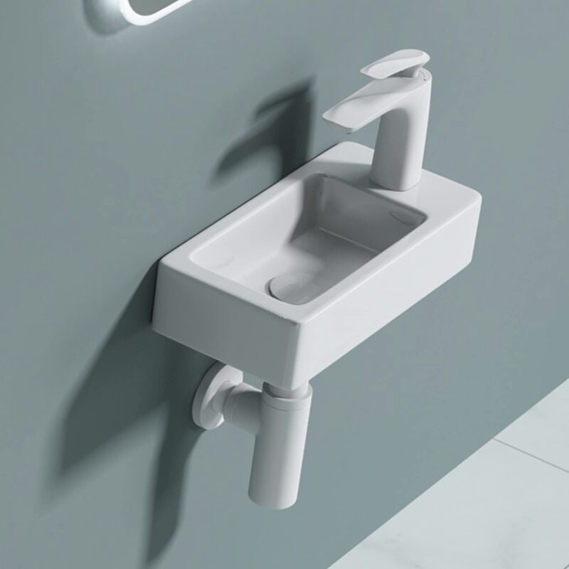 foto del prodotto doporro lavello rettangolare in ceramica con foro rubinetto lavandino bagno sospeso 37,5x18x8,8cm bianco montaggio a parete per guardaroba e bagno