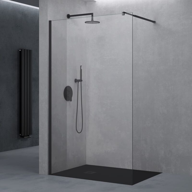 foto del prodotto doporro parete doccia walk in con barra stabilizzatrice regolabile 70 120 cm e profilo nero opaco, vetro 10 mm temperato trasparente anticalcare,