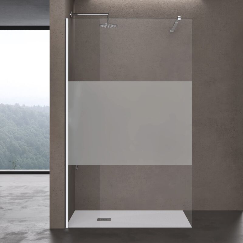 foto del prodotto doporro parete doccia walk in in vetro temperato 10 mm con striscia satinata, inclusa barra stabilizzatrice regolabile 70 120 cm in acciaio inox,