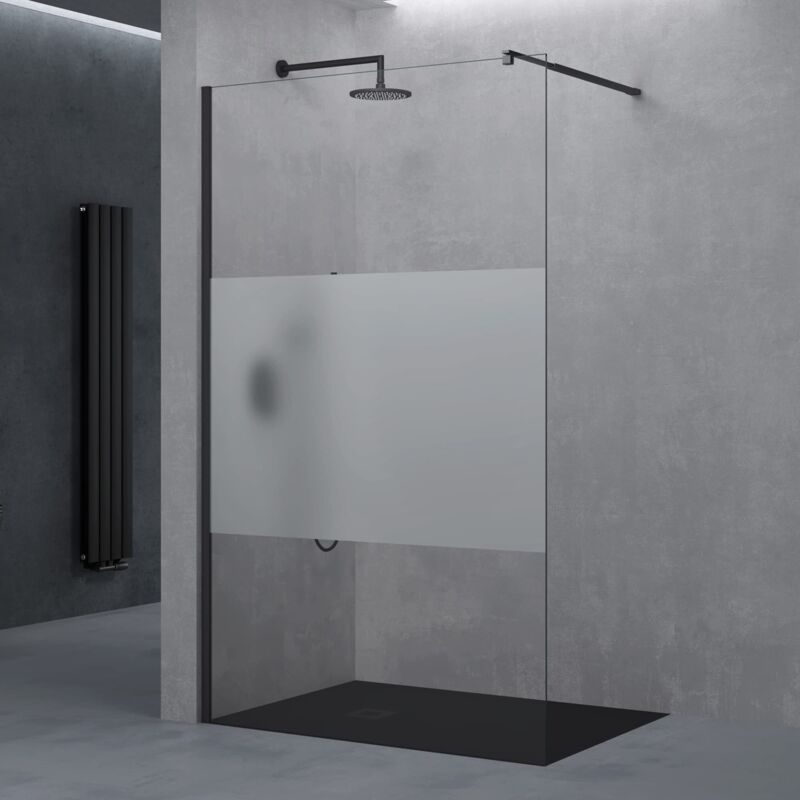 foto del prodotto doporro parete doccia walk in in vetro temperato 8 mm con striscia satinata, inclusa barra stabilizzatrice regolabile 70 120 cm in acciaio inox,