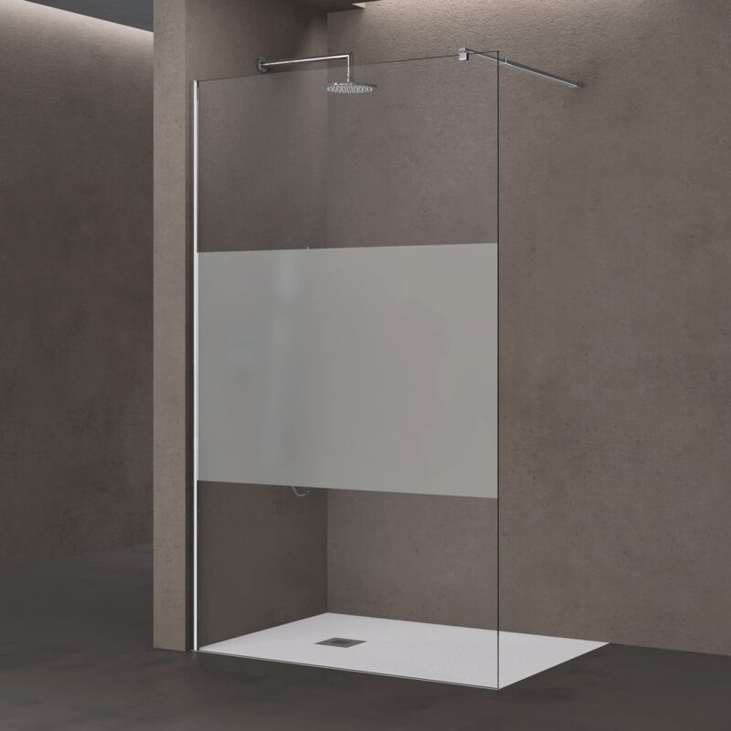 foto del prodotto doporro parete doccia walk in in vetro temperato 8 mm con striscia satinata, inclusa barra stabilizzatrice regolabile 70 120 cm in acciaio inox,