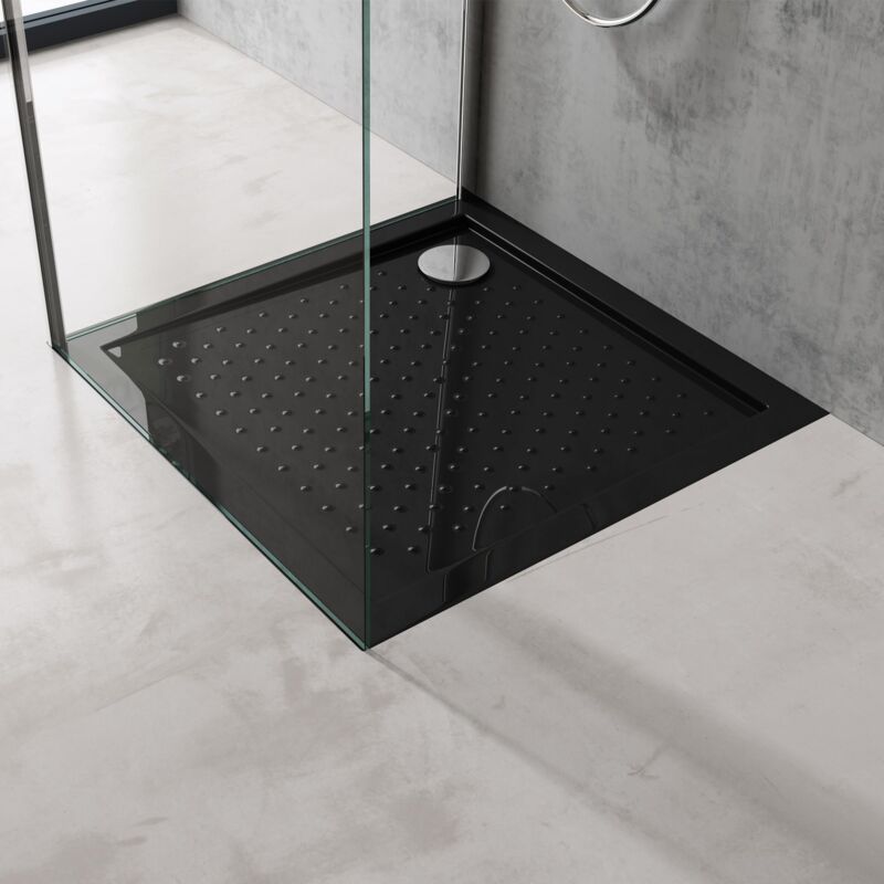 foto del prodotto doporro piatto doccia quadrato in acrilico ultrasottile bordato con superficie puntinata antiscivolo altezza 4 cm mod.lucia01ar nero lucido