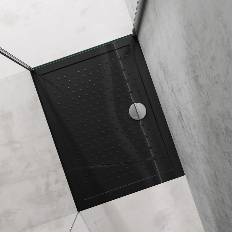 foto del prodotto doporro piatto doccia rettangolare in acrilico h 4 cm superficie puntinata antiscivolo mod.lucia02ar nero lucido 70x100x4 cm con piletta inclusa